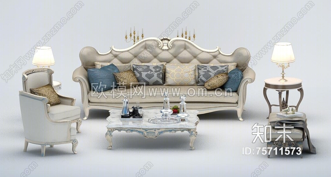欧式沙发茶几边几台灯组合3D模型下载【ID:75711573】