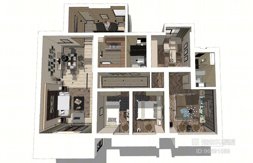 现代风格三房两厅室内设计SU模型下载【ID:96691089】
