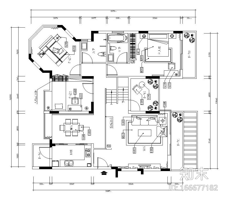 后现代风格三室二厅施工图设计（附效果图）cad施工图下载【ID:166677182】