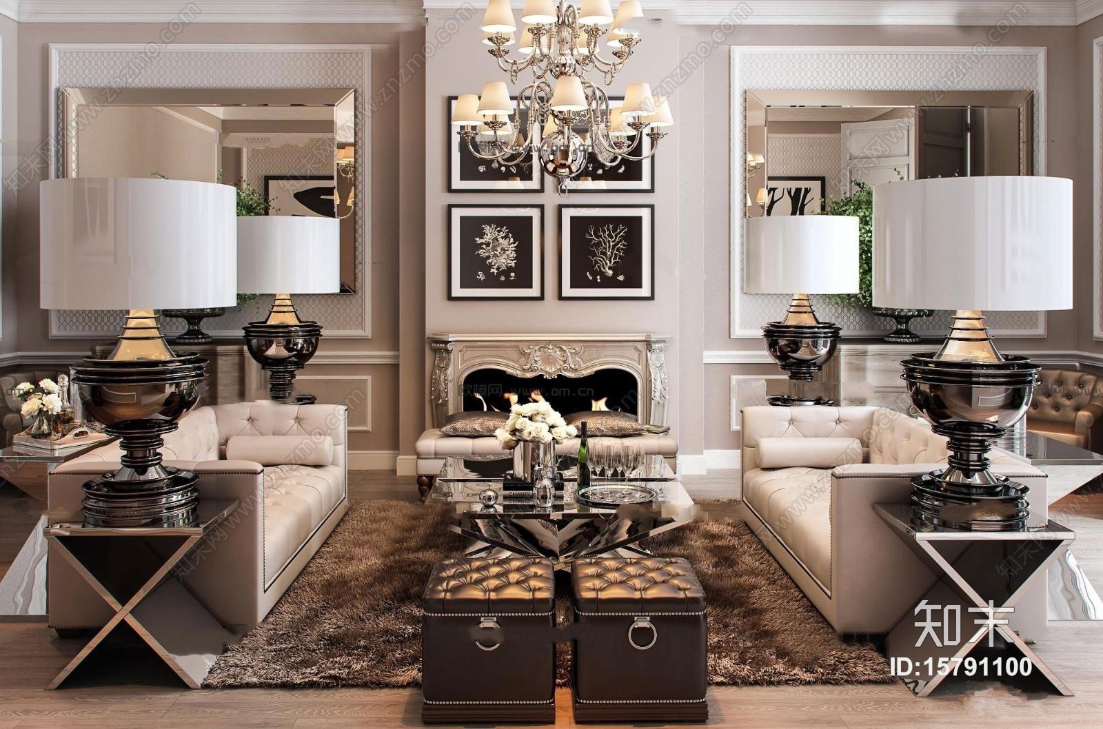 欧式客厅沙发茶几凳子台灯吊灯壁炉组合3D模型下载【ID:15791100】