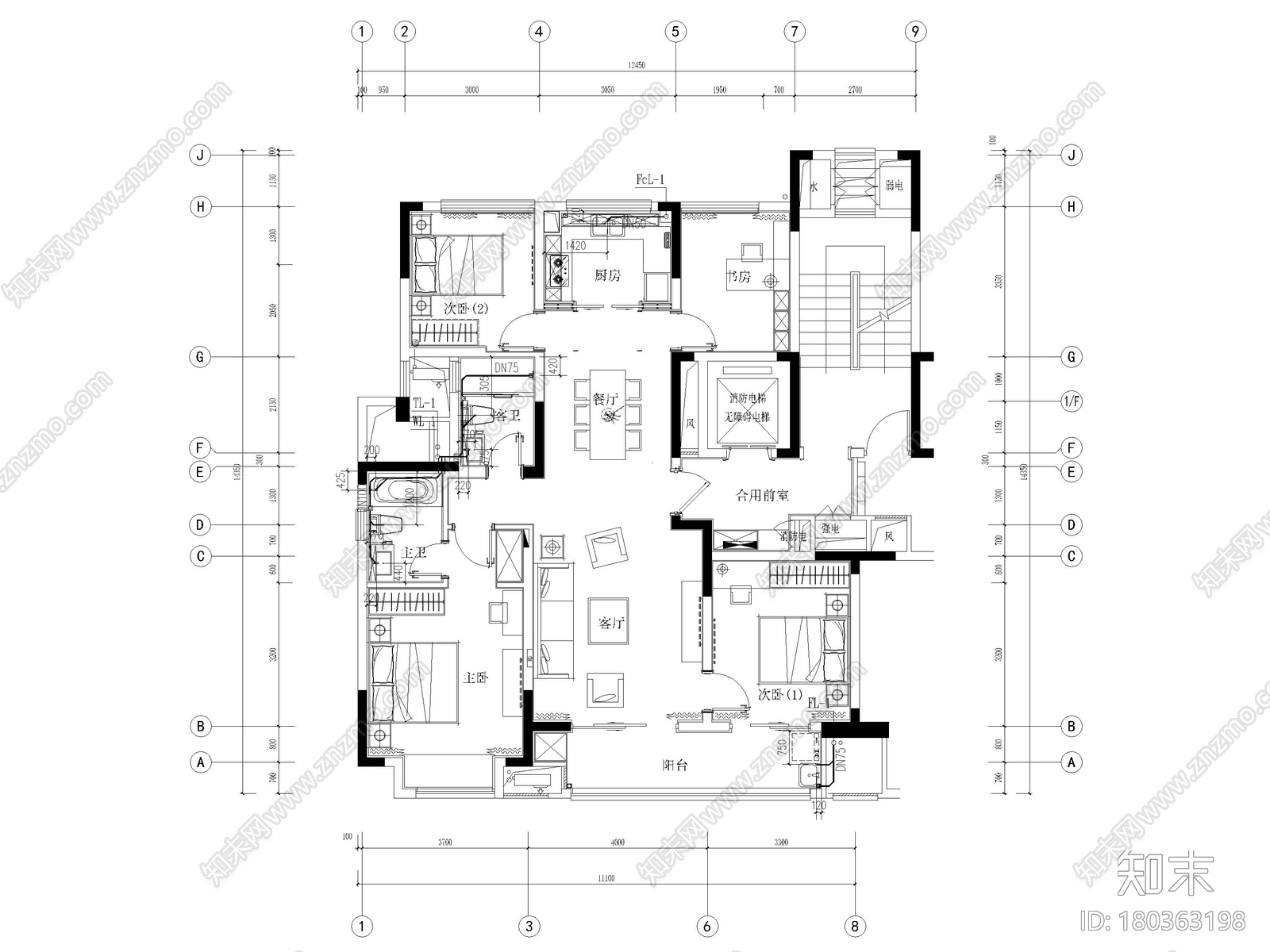 [宁波]中河大都会111㎡现代三居室家装图纸施工图下载【ID:180363198】