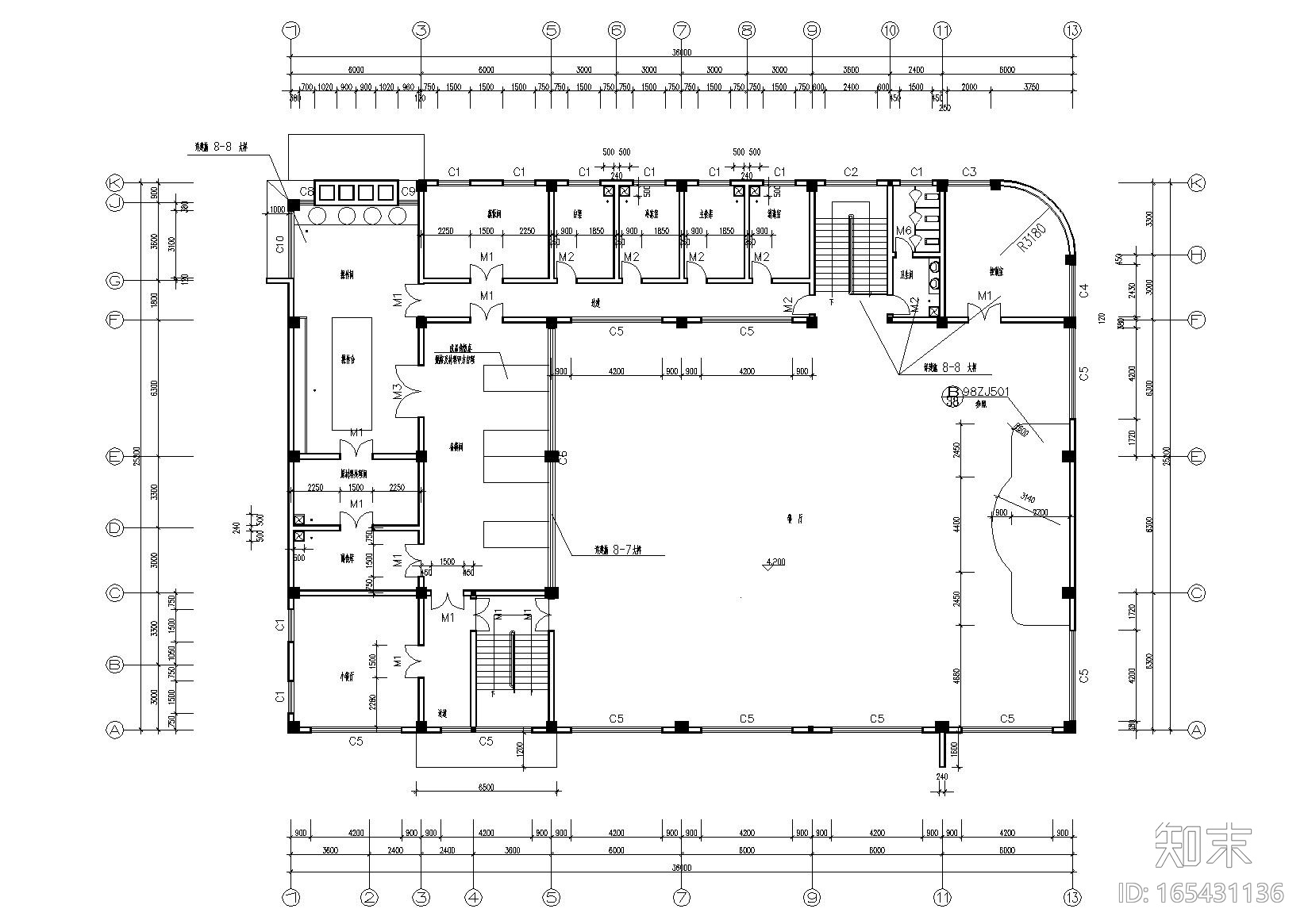 二层弧形屋顶食堂建筑设计施工图cad施工图下载【ID:165431136】