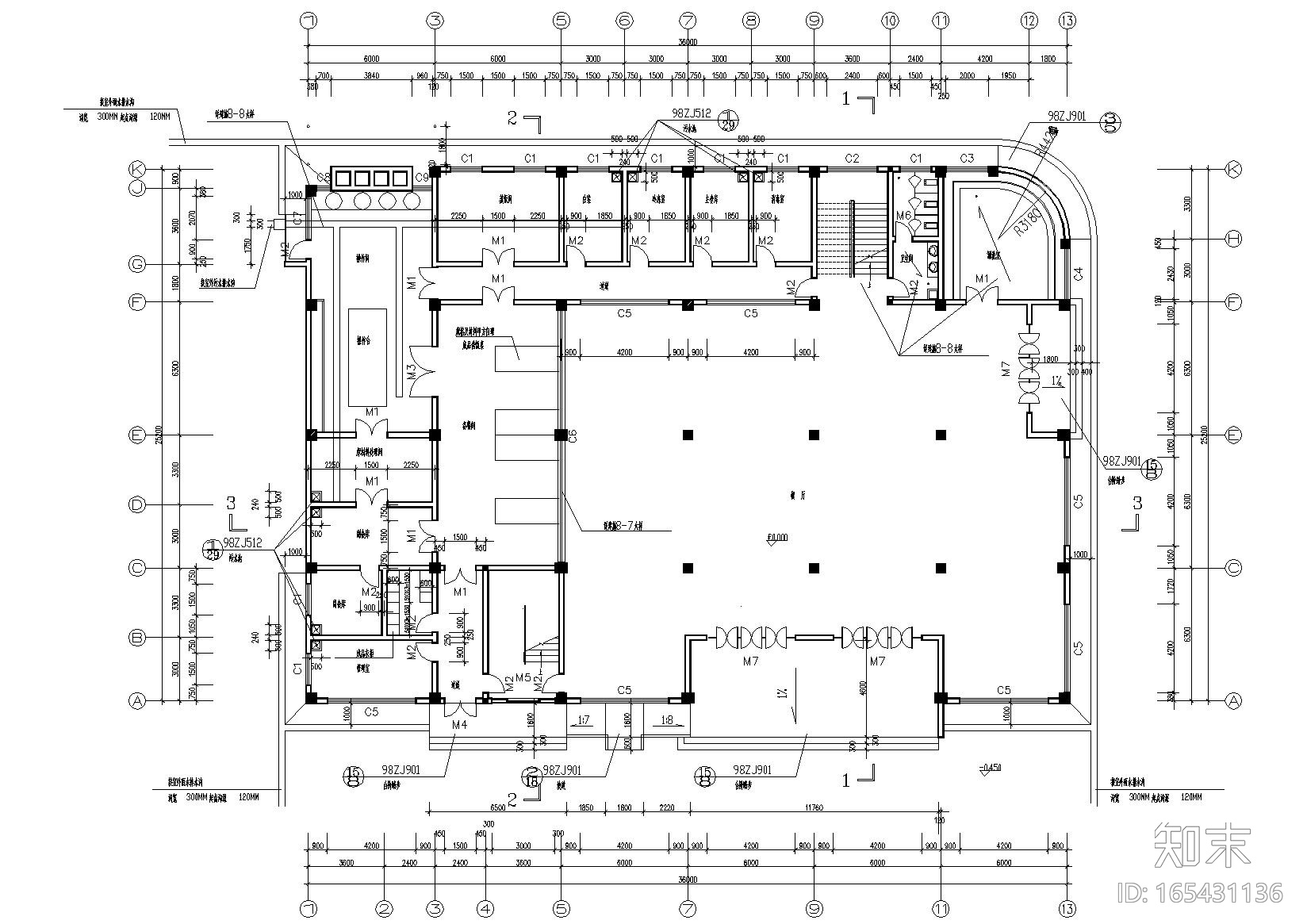 二层弧形屋顶食堂建筑设计施工图cad施工图下载【ID:165431136】