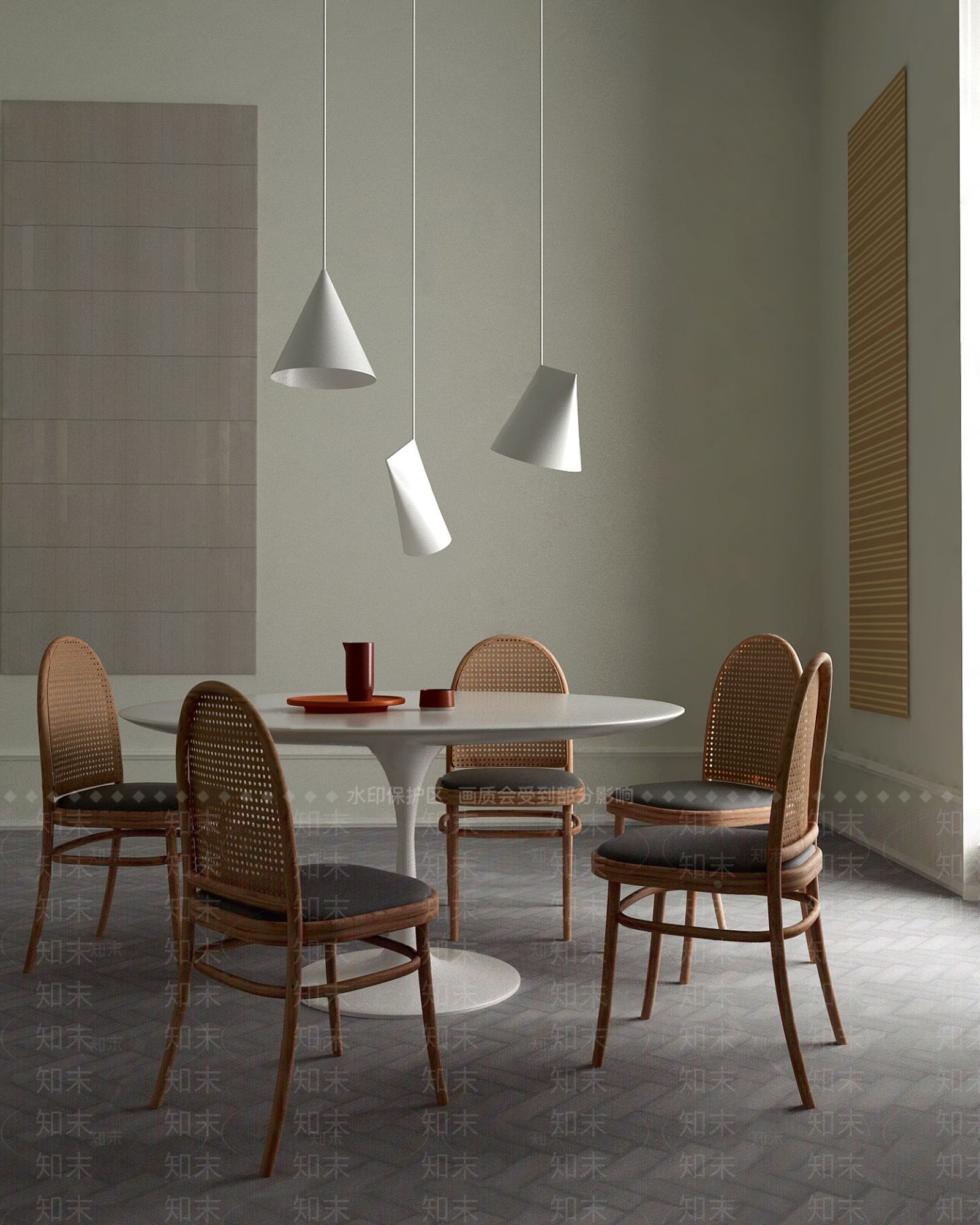 北欧藤编圆形餐桌椅组合3D模型下载【ID:1101635318】