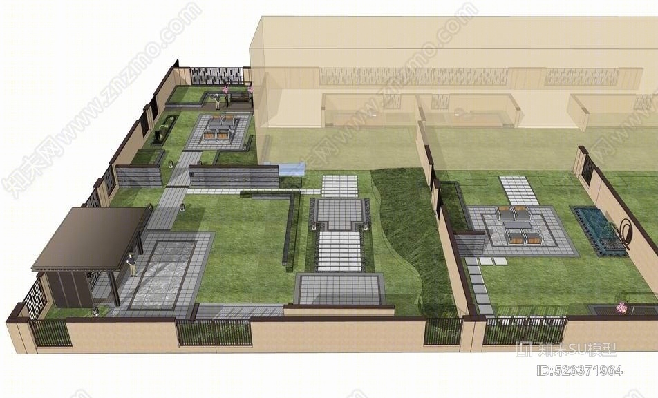 中式庭院景观SU模型下载【ID:526371964】
