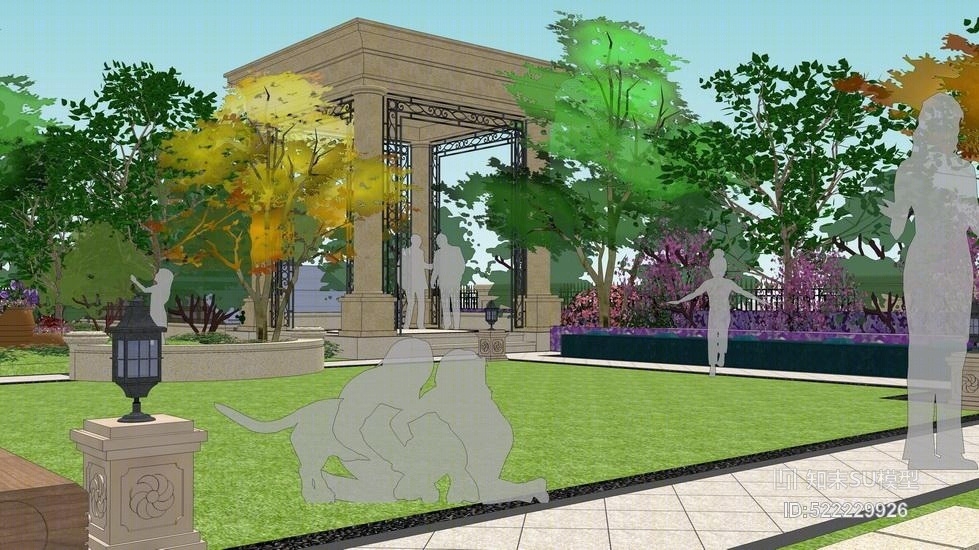 金碧天下欧式庭院景观SU模型下载【ID:522229926】