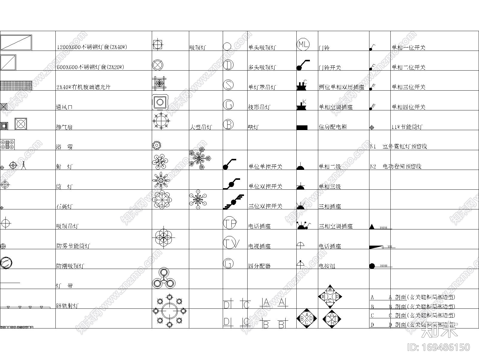 开关插座灯具CAD图库施工图下载【ID:169486150】