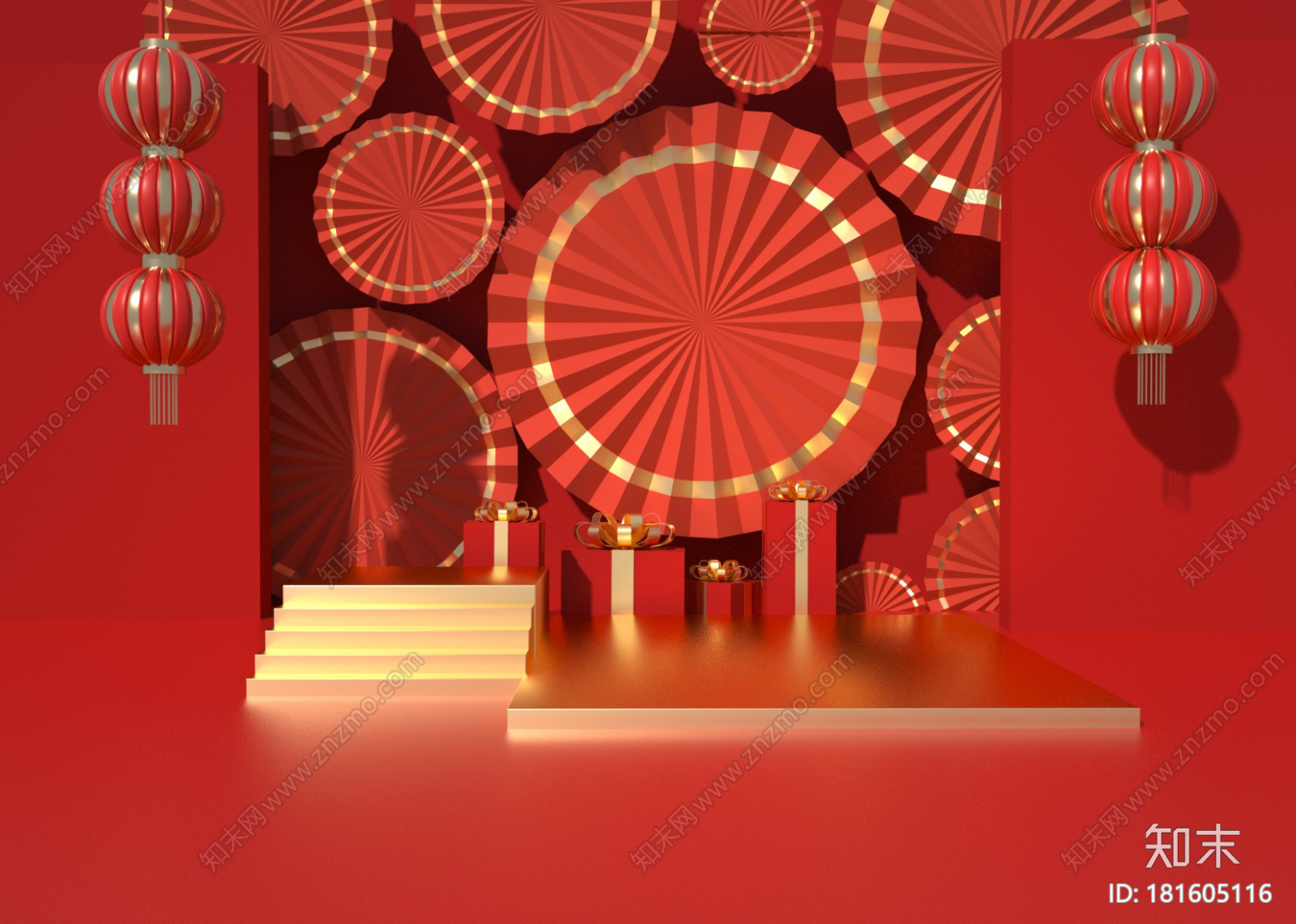 红色国潮中式新春创意场景CG模型下载【ID:181605116】