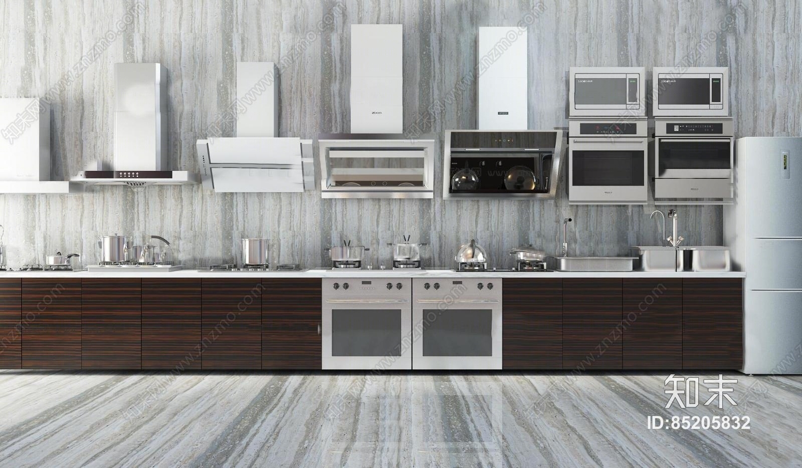 现代橱柜水池冰箱抽油烟机组合3D模型下载【ID:85205832】