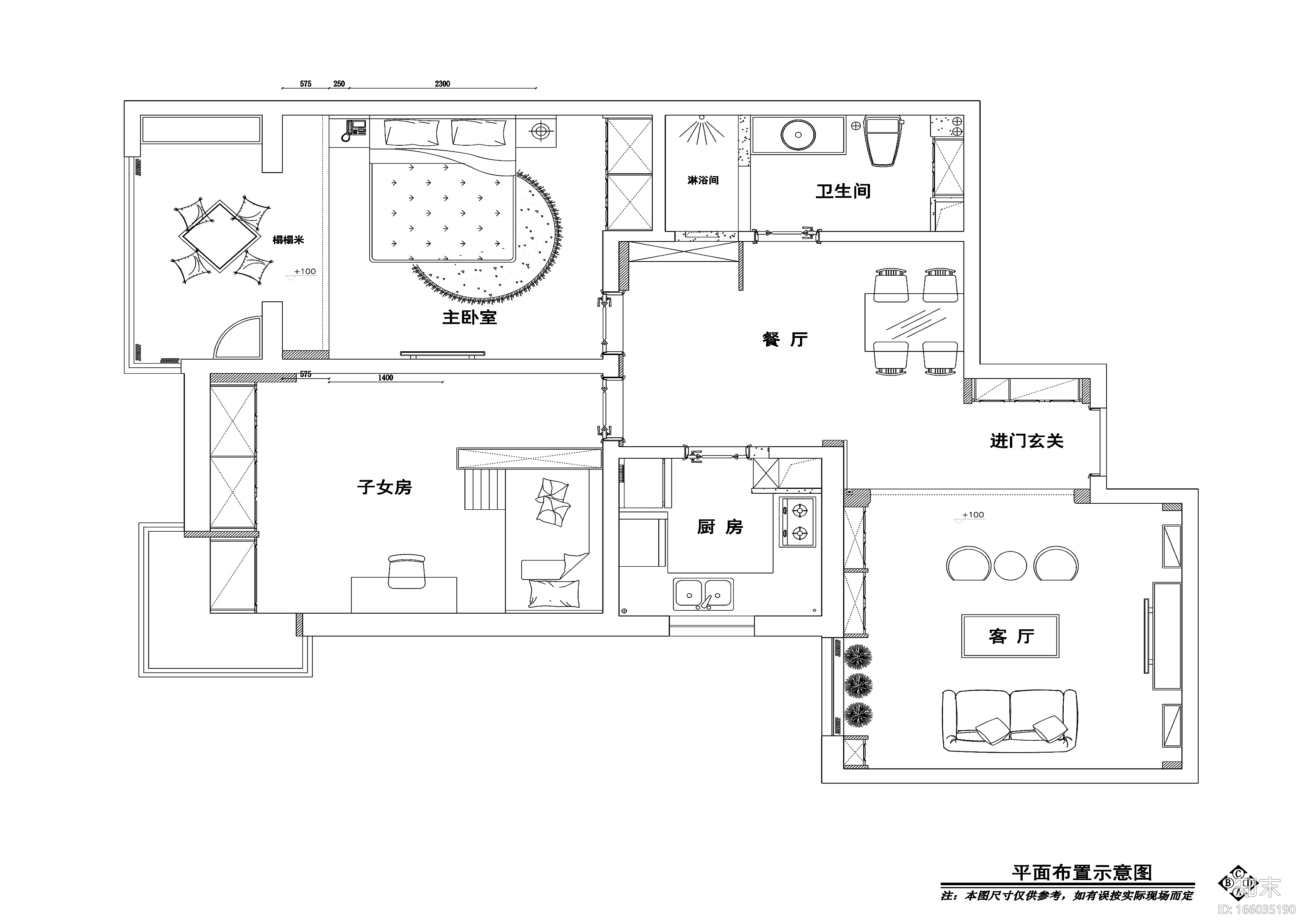 东南亚风格两居室住宅装修施工图+效果图cad施工图下载【ID:166035190】