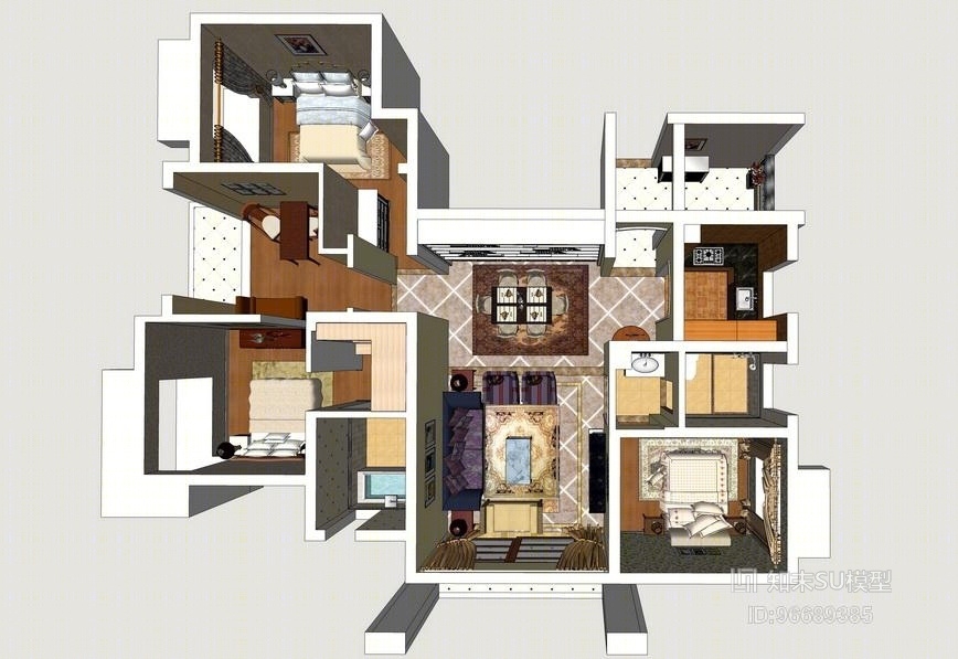 简欧风格三房两厅家装设计SU模型下载【ID:96689385】