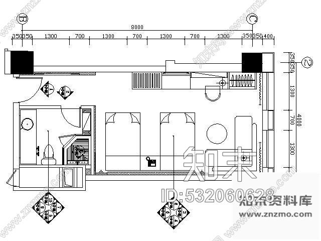 施工图北京国际酒店标准间装修图双床cad施工图下载【ID:532060628】