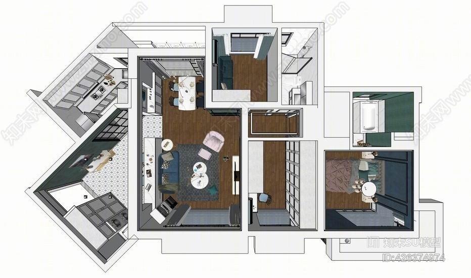 欧式风格三房两厅室内设计SU模型下载【ID:426374974】