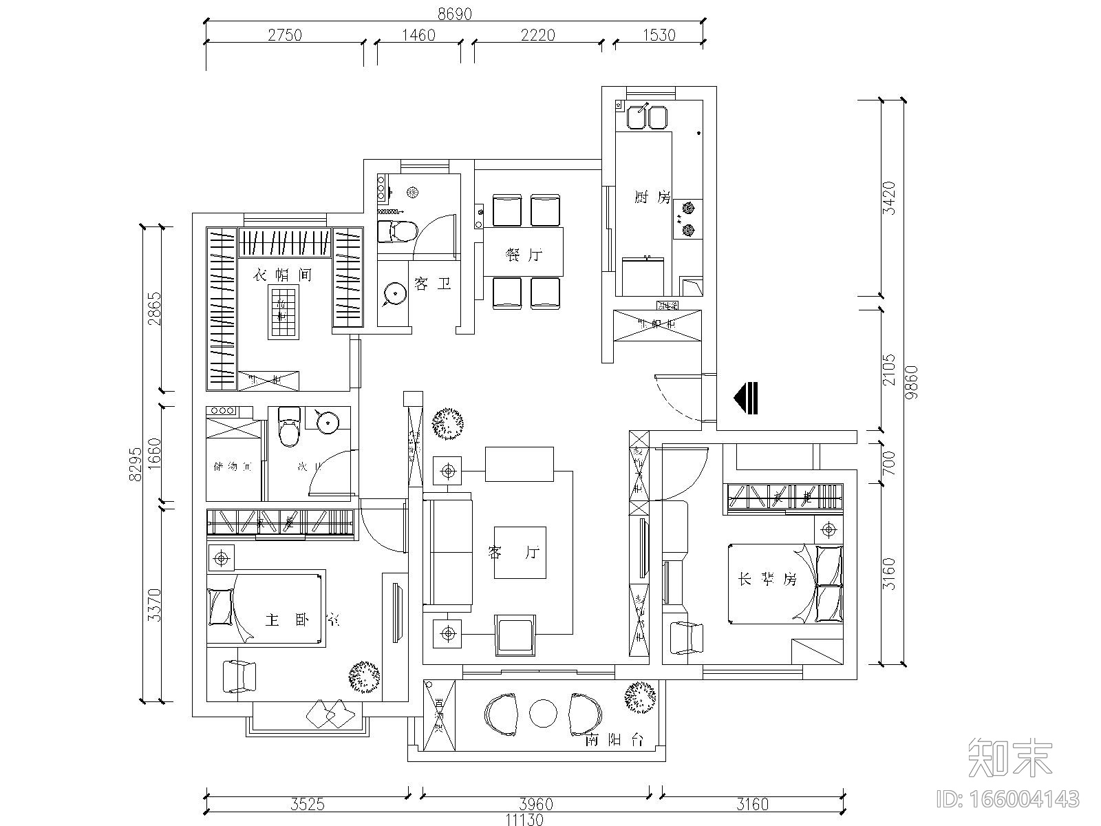 现代简约风格两居室住宅装修施工图+效果图cad施工图下载【ID:166004143】