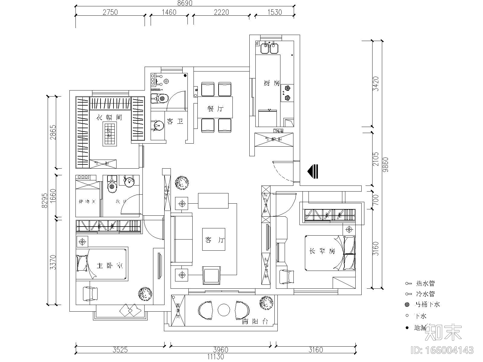 现代简约风格两居室住宅装修施工图+效果图cad施工图下载【ID:166004143】