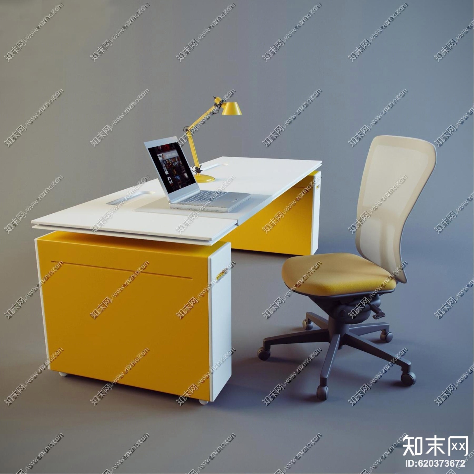 现代办公桌椅摆件组合3D模型下载【ID:620373672】