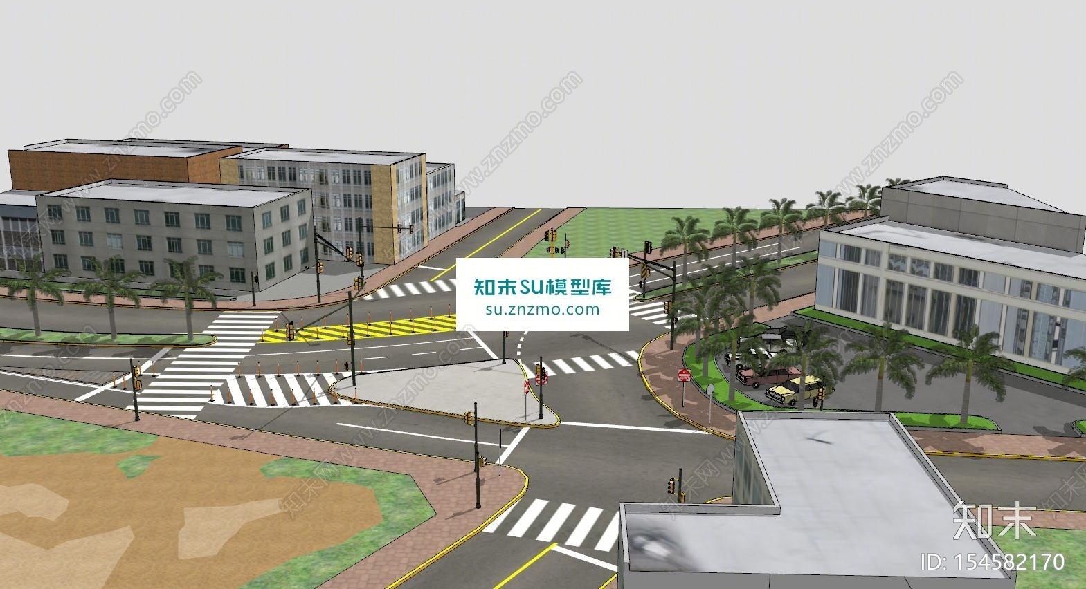 弯曲道路十字路口SU模型下载【ID:154582170】
