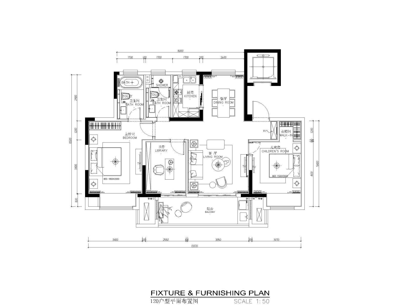 120平现代风格两居室样板间施工图_效果图施工图下载【ID:160079169】