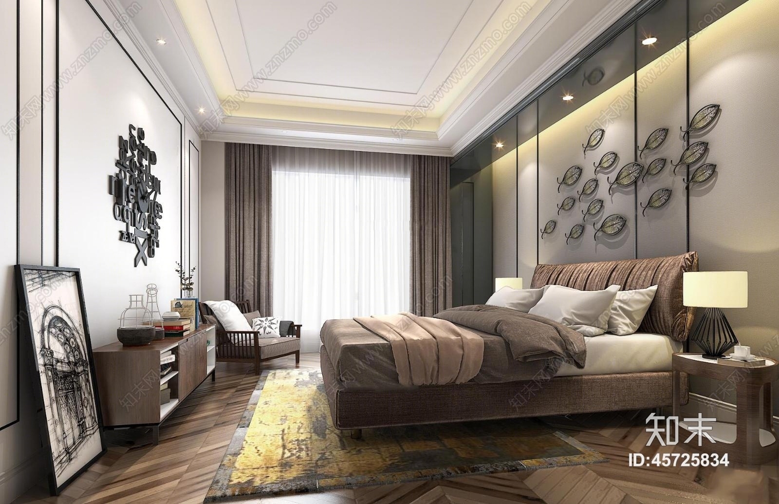 北欧卧室双人床墙饰下载3D模型下载【ID:45725834】