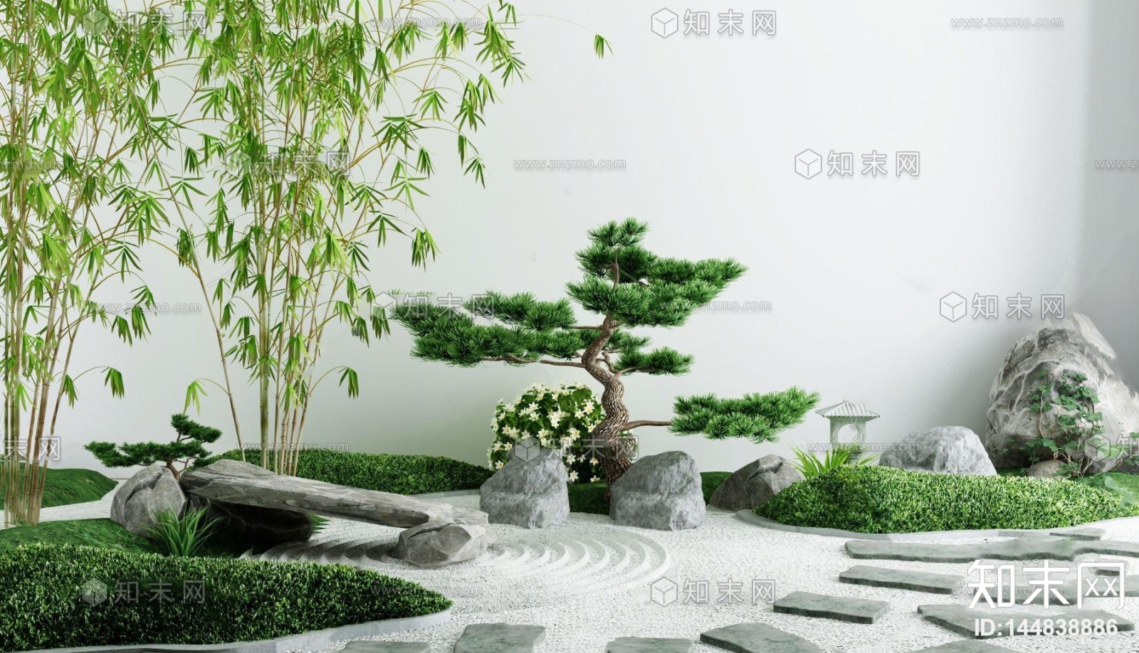 中式假山松树绿植景观小品3D模型下载【ID:144870809】