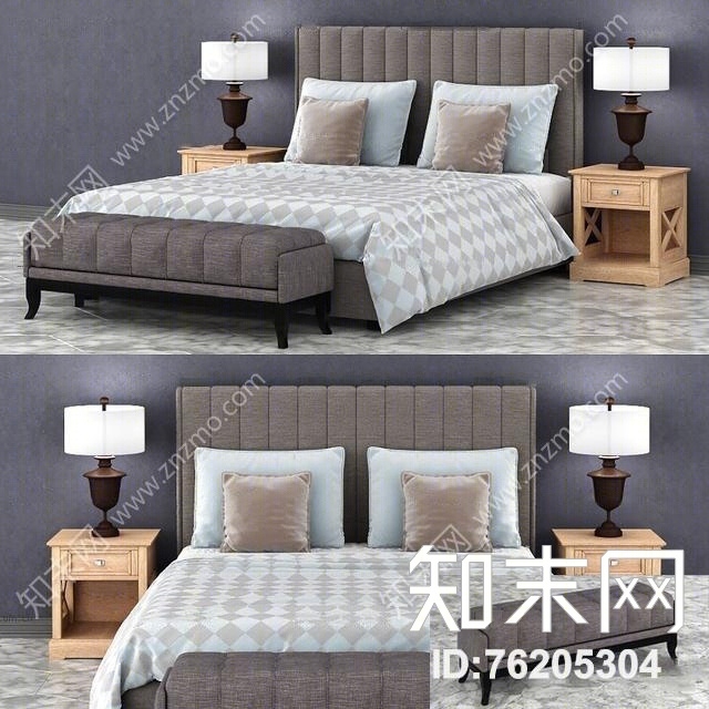现代布艺双人床床头柜台灯组合3D模型下载【ID:76205304】
