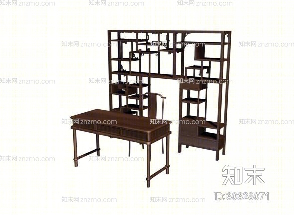 传统中式原木色木艺书桌椅组合3D模型下载【ID:30328071】