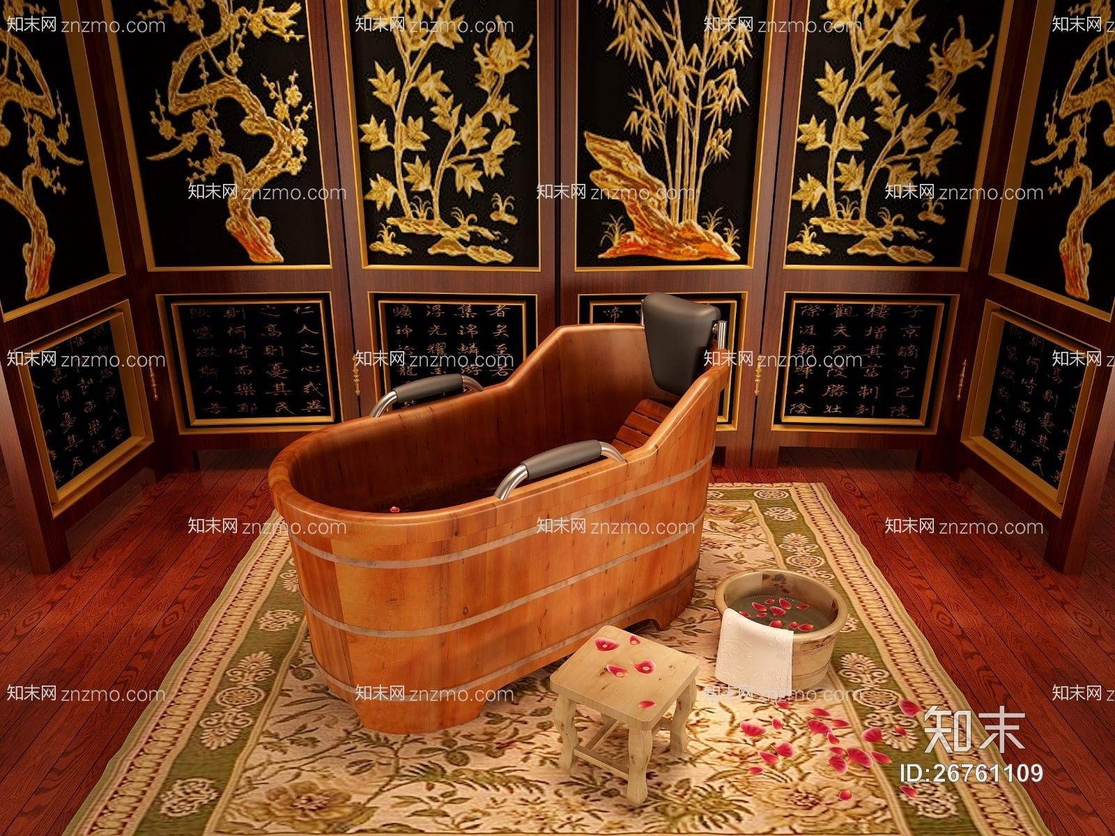 中式木质浴桶3D模型下载【ID:26761109】