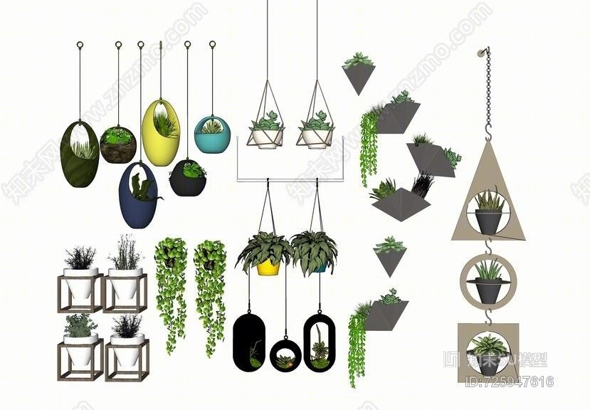 绿植盆栽吊篮花盆组合SU模型下载【ID:725947616】