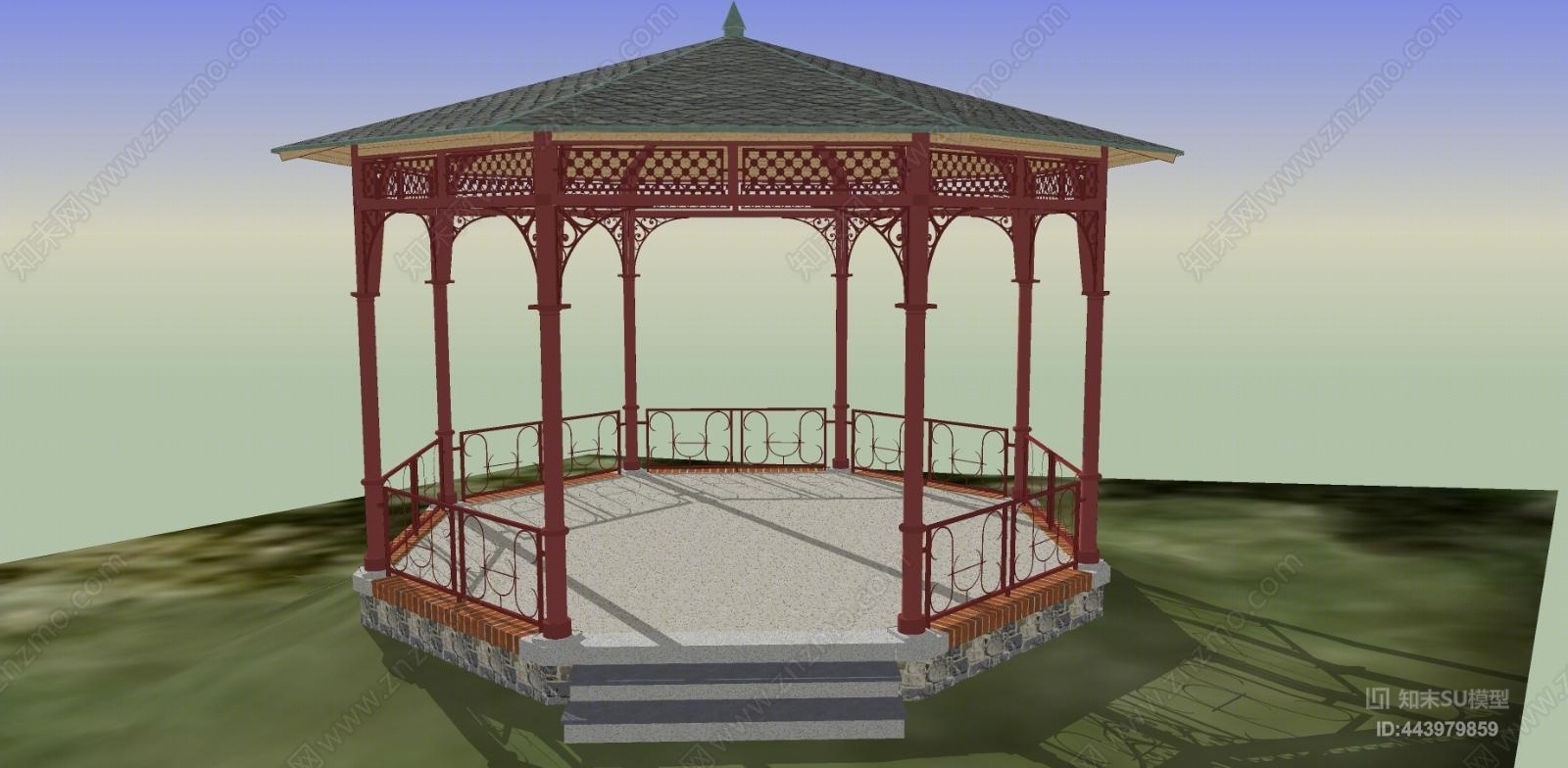 中式防腐木景观亭SU模型下载【ID:443979859】