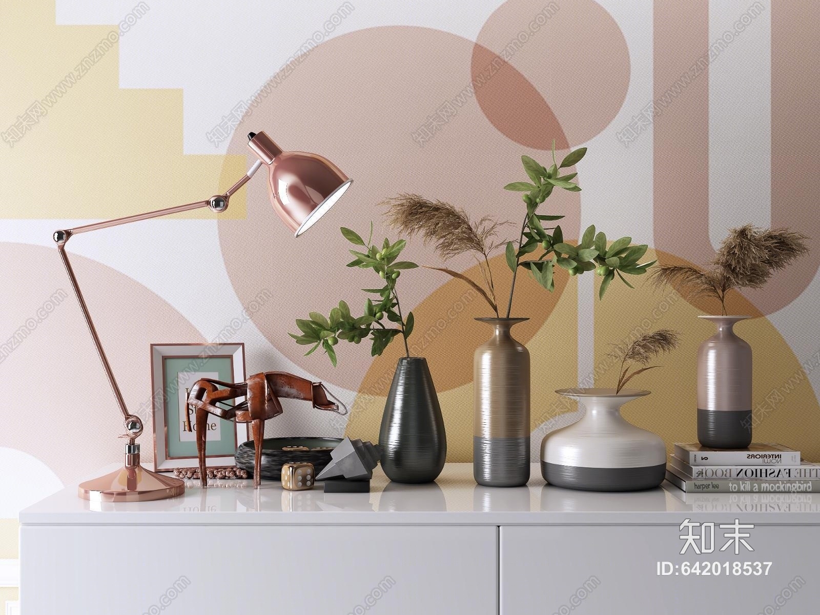 现代拉丝艺术瓷器台灯相框马摆件书籍3D模型下载【ID:642018537】