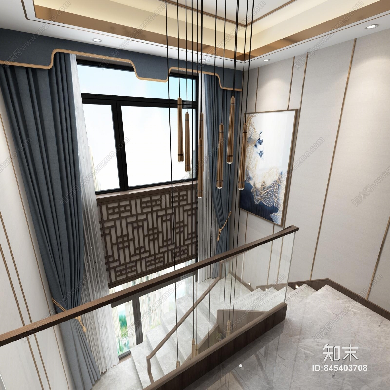 新中式楼梯间3D模型下载【ID:845403708】