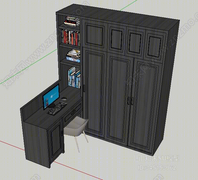 推拉门衣柜书桌一体SU模型下载【ID:345153062】