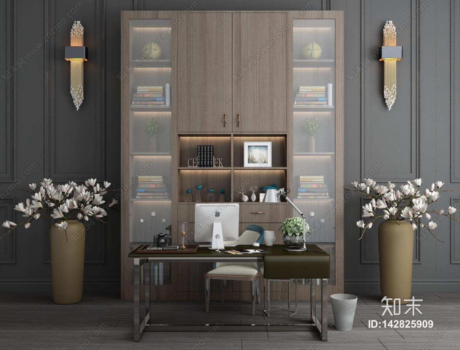 新中式实木书柜书桌椅组合3D模型下载【ID:142825909】