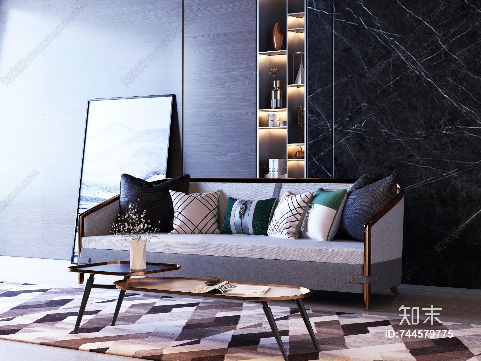 新中式现代沙发茶几组合3D模型下载【ID:744579775】