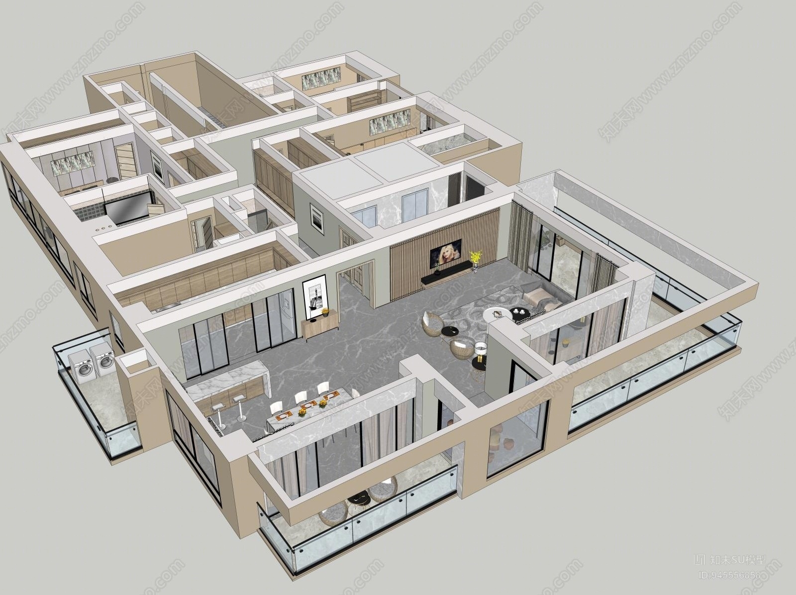 现代风格家装室内设计整装SU模型下载【ID:945556858】