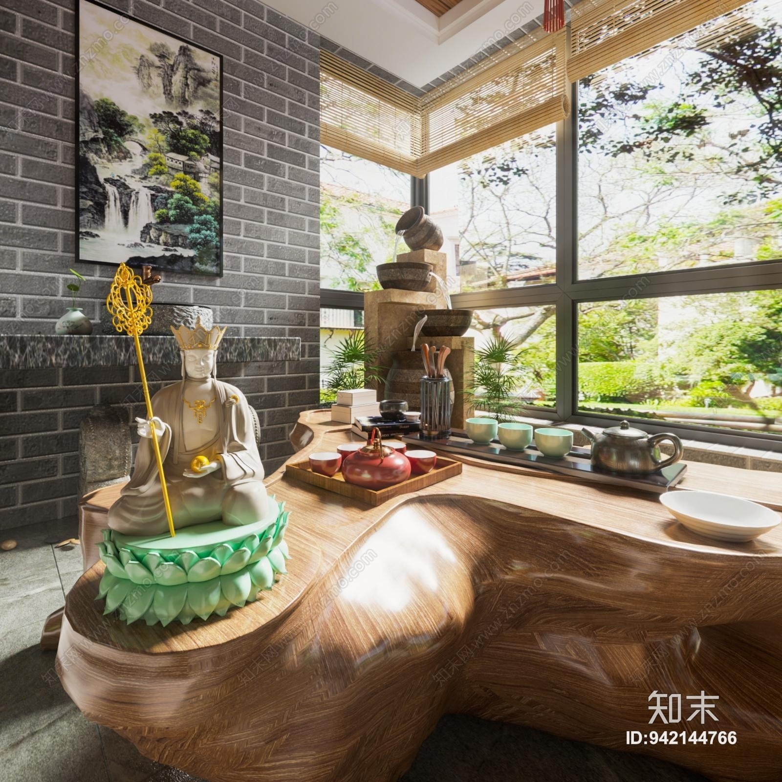 新中式阳台茶室3D模型下载【ID:942144766】