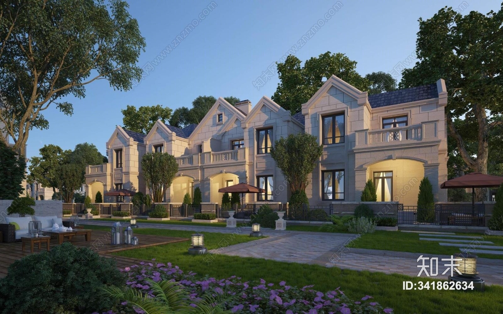 欧式联排别墅建筑外观3D模型下载【ID:341862634】