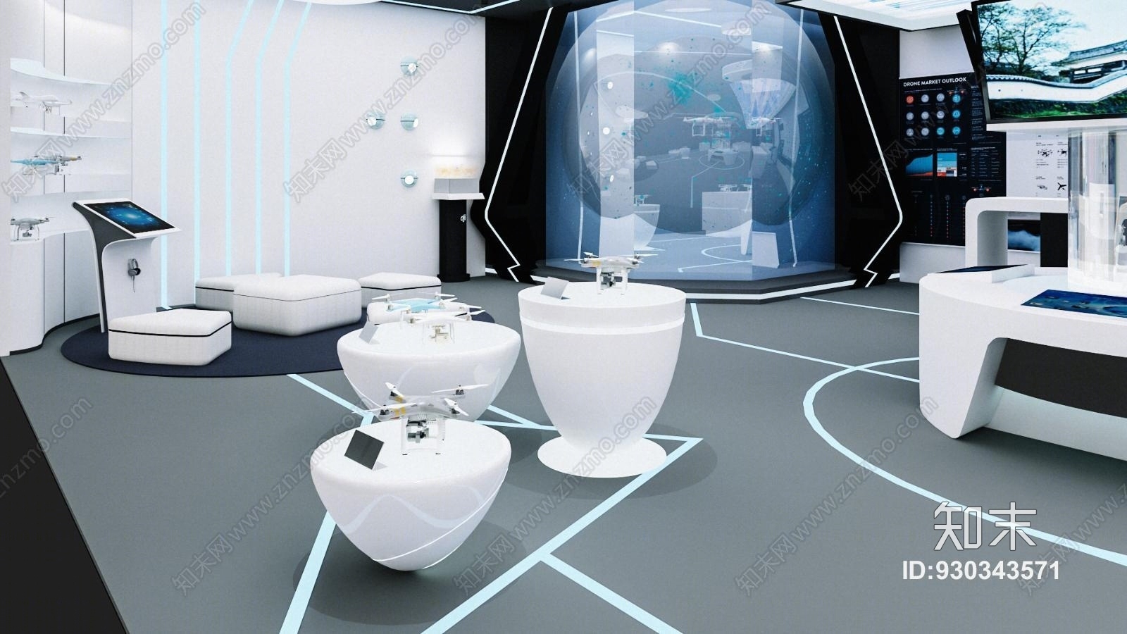 后现代大疆无人机展厅设计3D模型下载【ID:930343571】