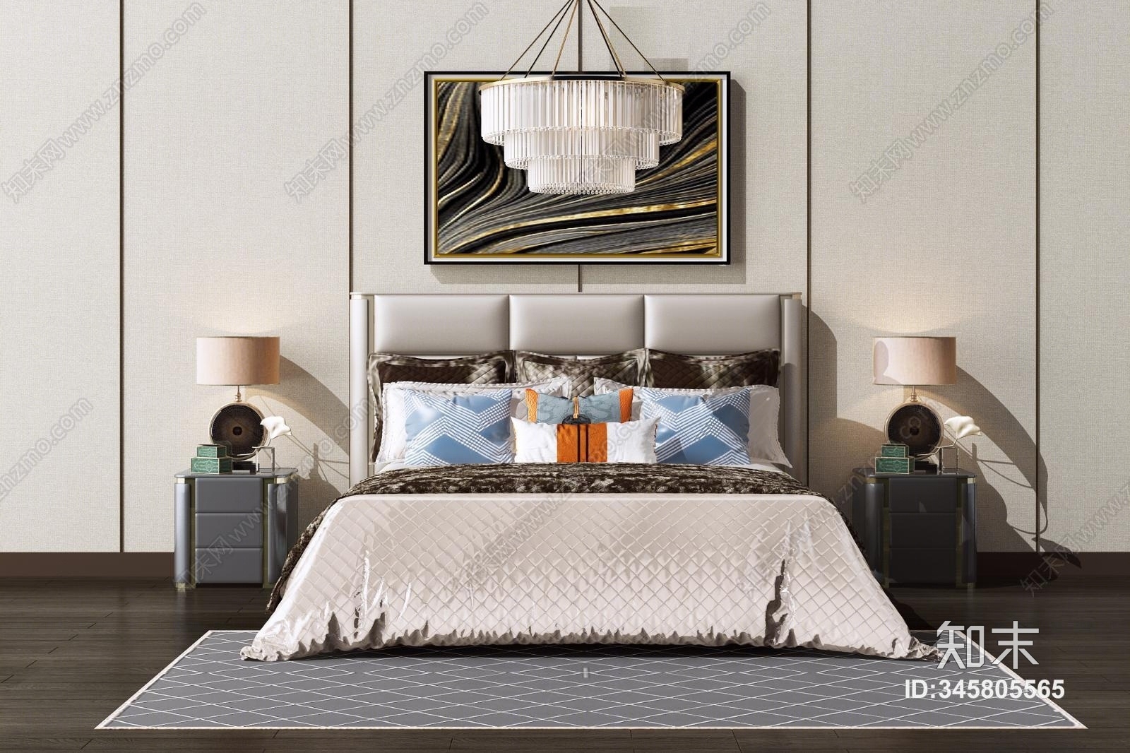 新中式床具组合3D模型下载【ID:345805565】