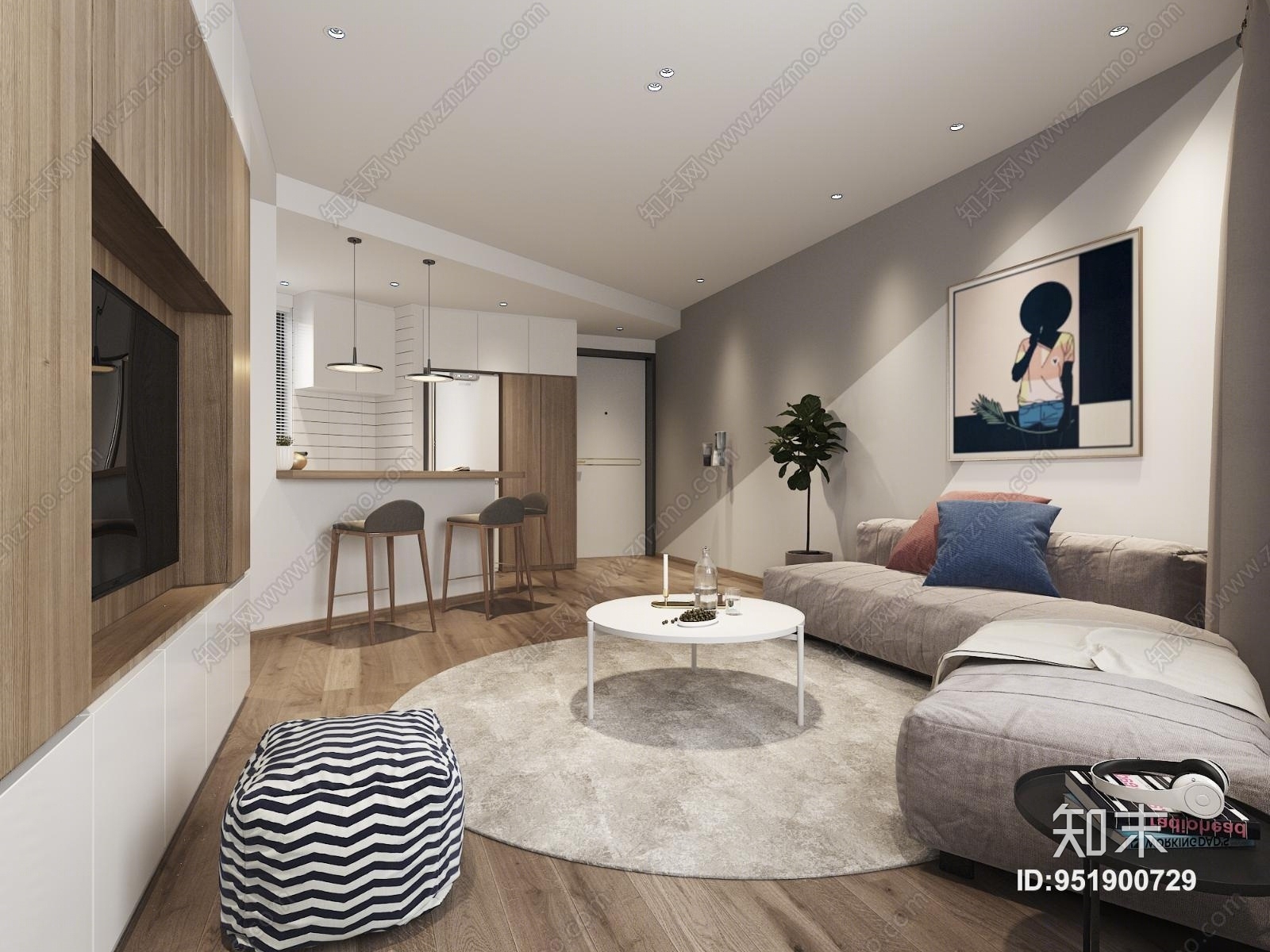 北欧客厅厨房3D模型下载【ID:951900729】