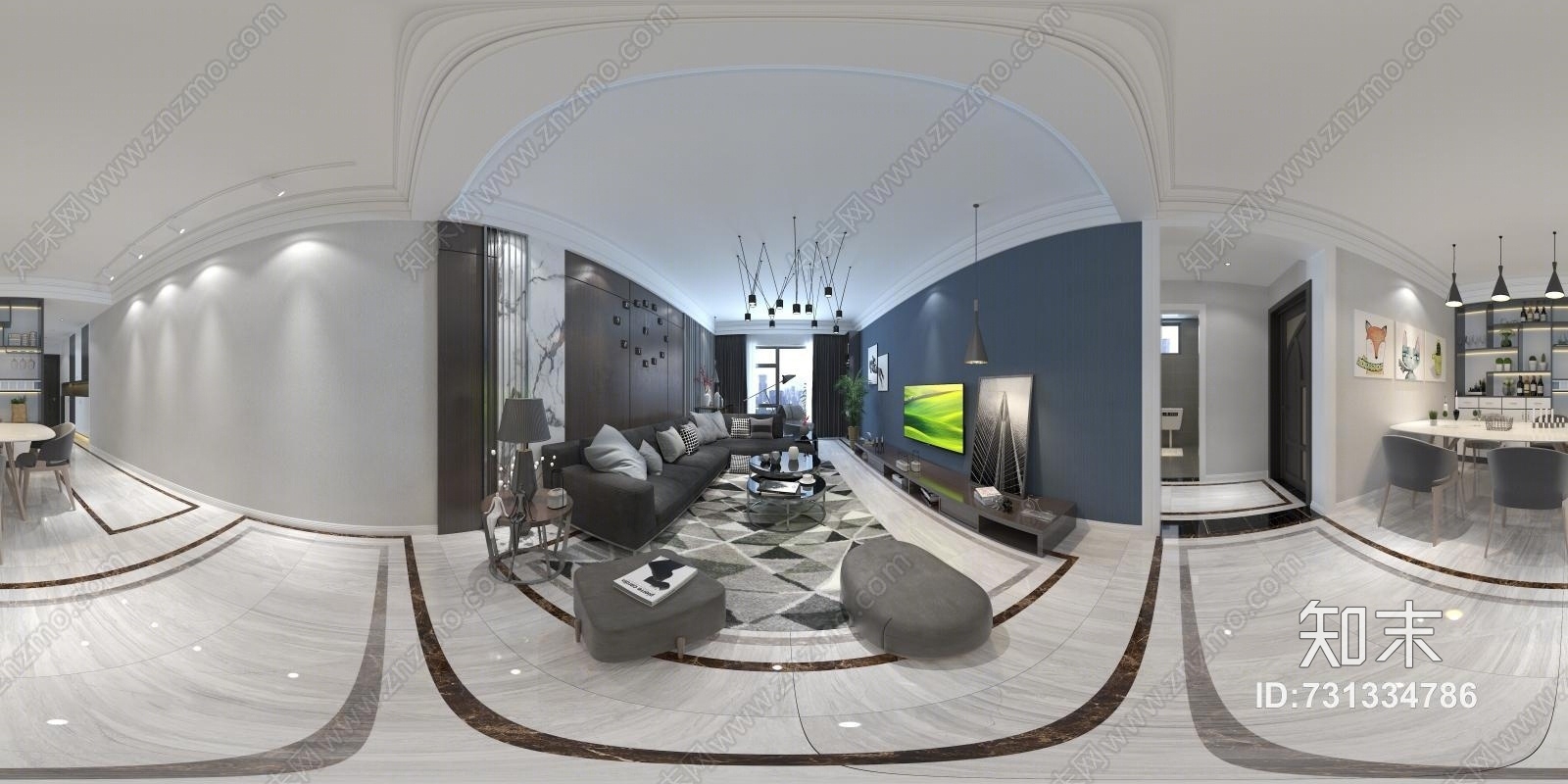 现代客厅厨房卫生间过道沙发茶几吊灯3D模型下载【ID:731334786】