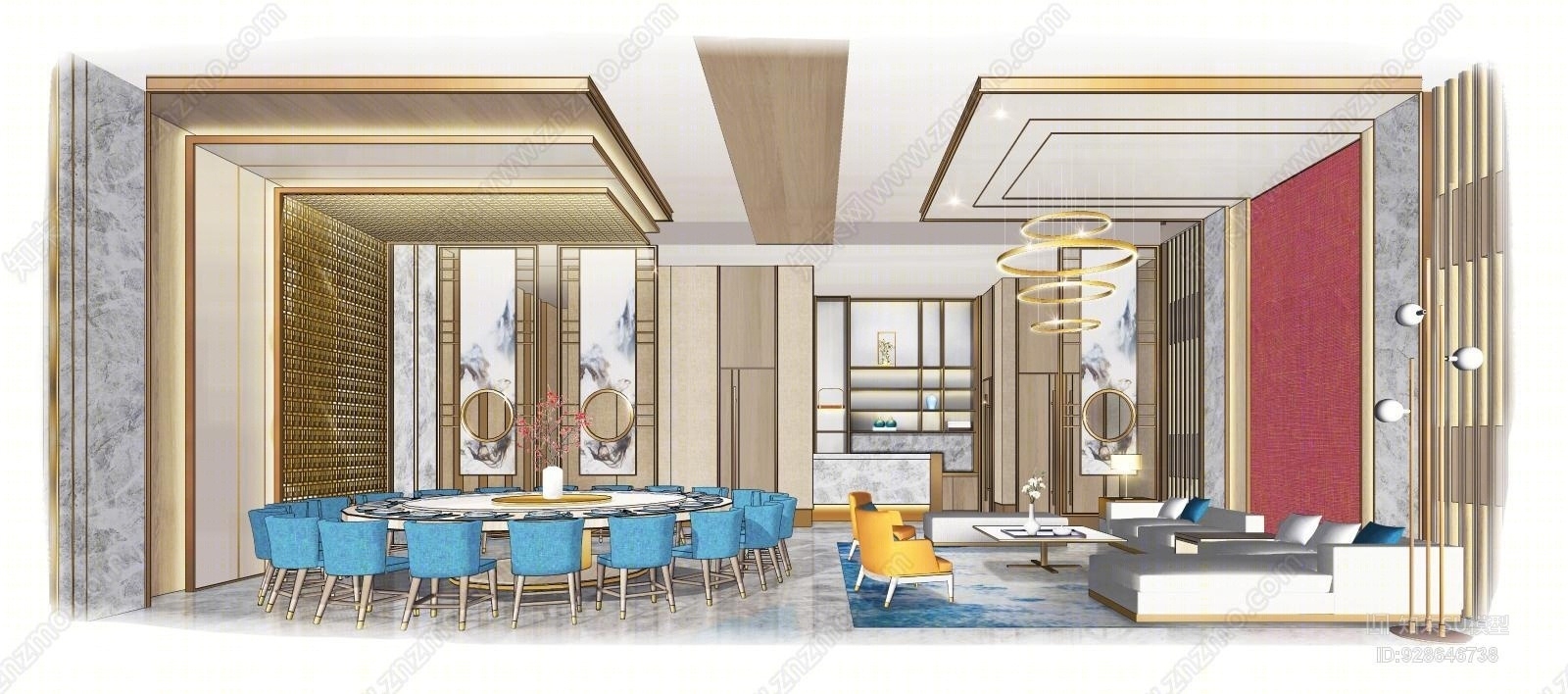 新中式私人会所SU模型下载【ID:928646738】