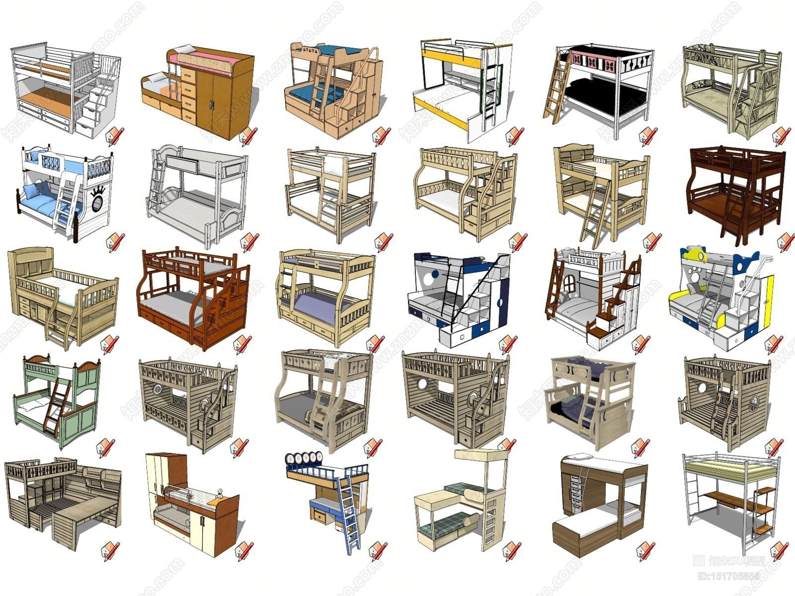 现代风格儿童高低床组合SU模型下载【ID:151705856】