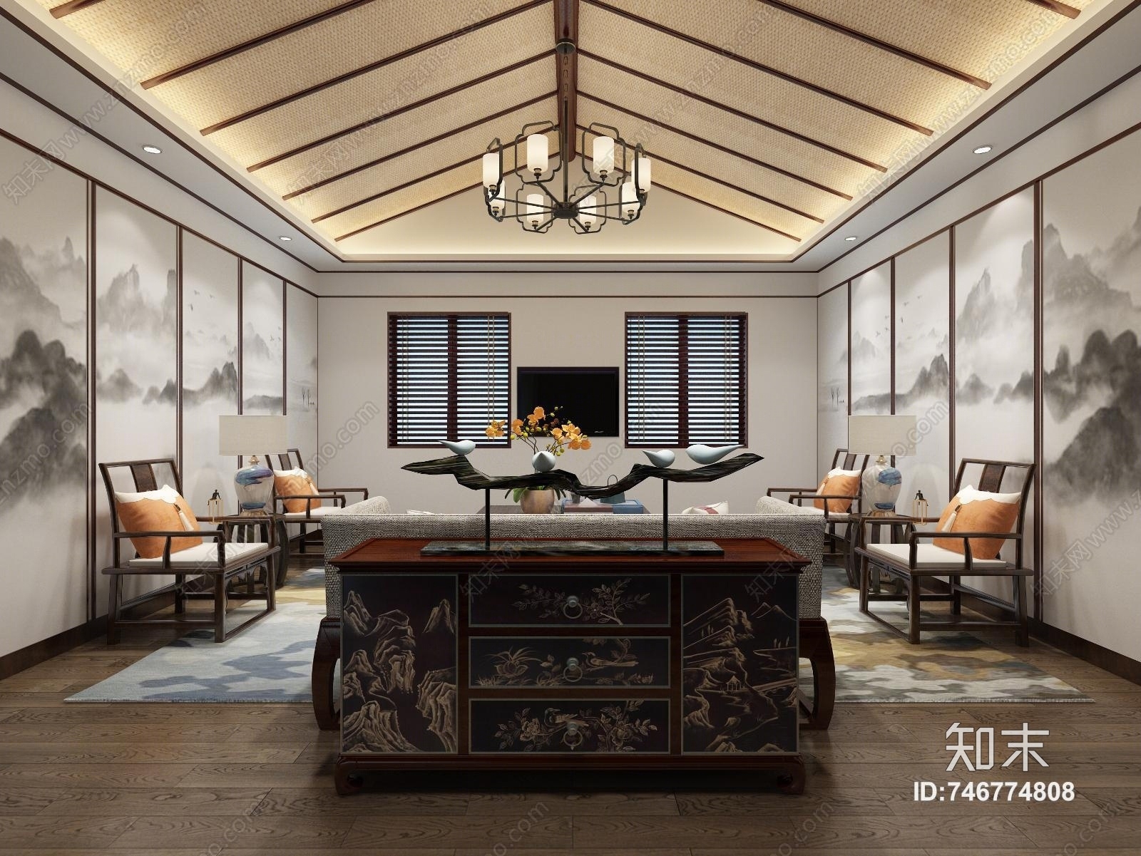 中式四合院中堂3D模型下载【ID:746774808】