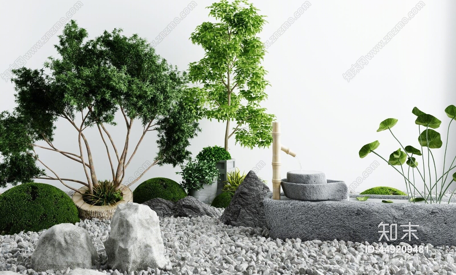 新中式庭院假山景观小品水景枯山水石禅意小品3D模型下载【ID:449209481】