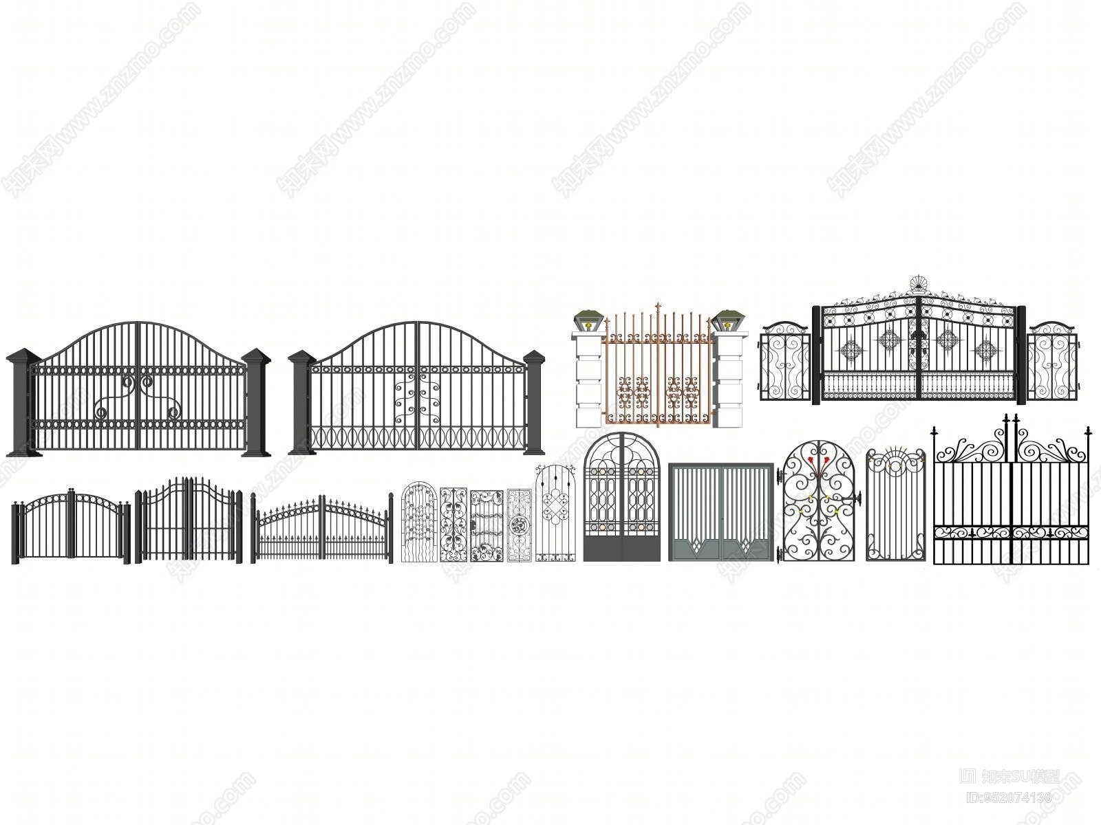 欧式风格铁艺景观大门组合SU模型下载【ID:952074130】
