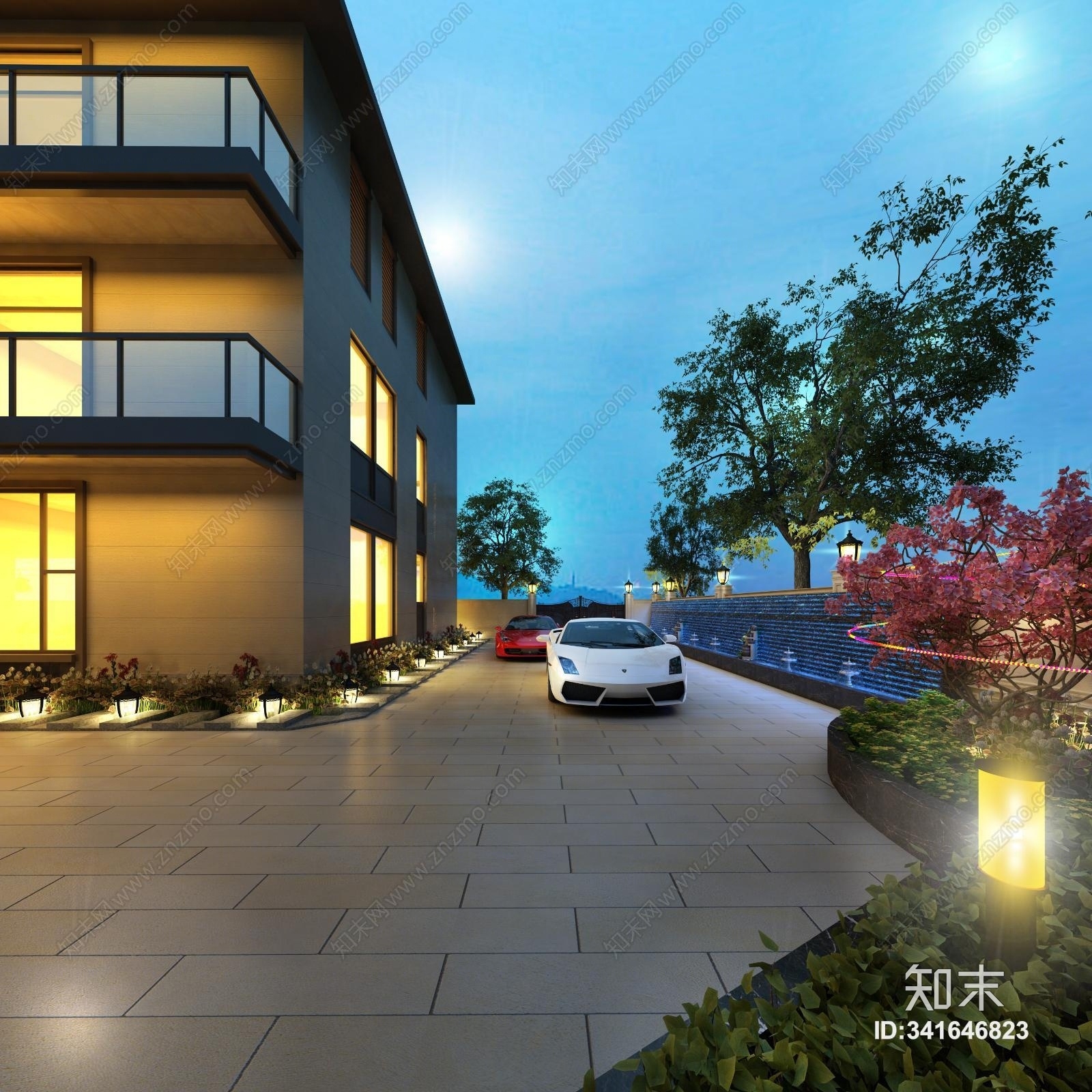 现代夜景建筑泳池凉亭植物3D模型下载【ID:341646823】