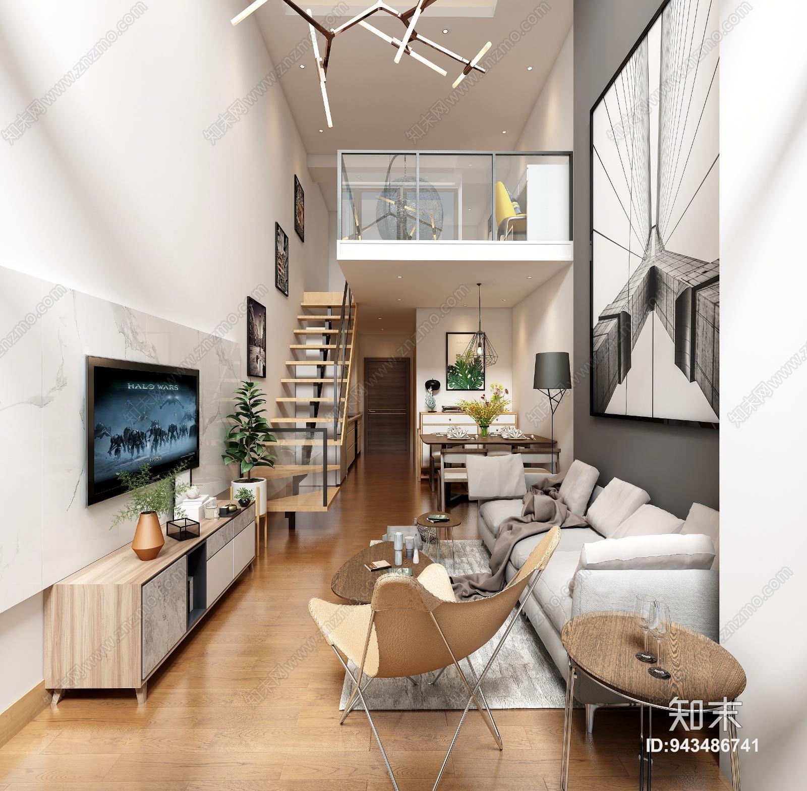 现代复式公寓客餐厅3D模型下载【ID:943486741】