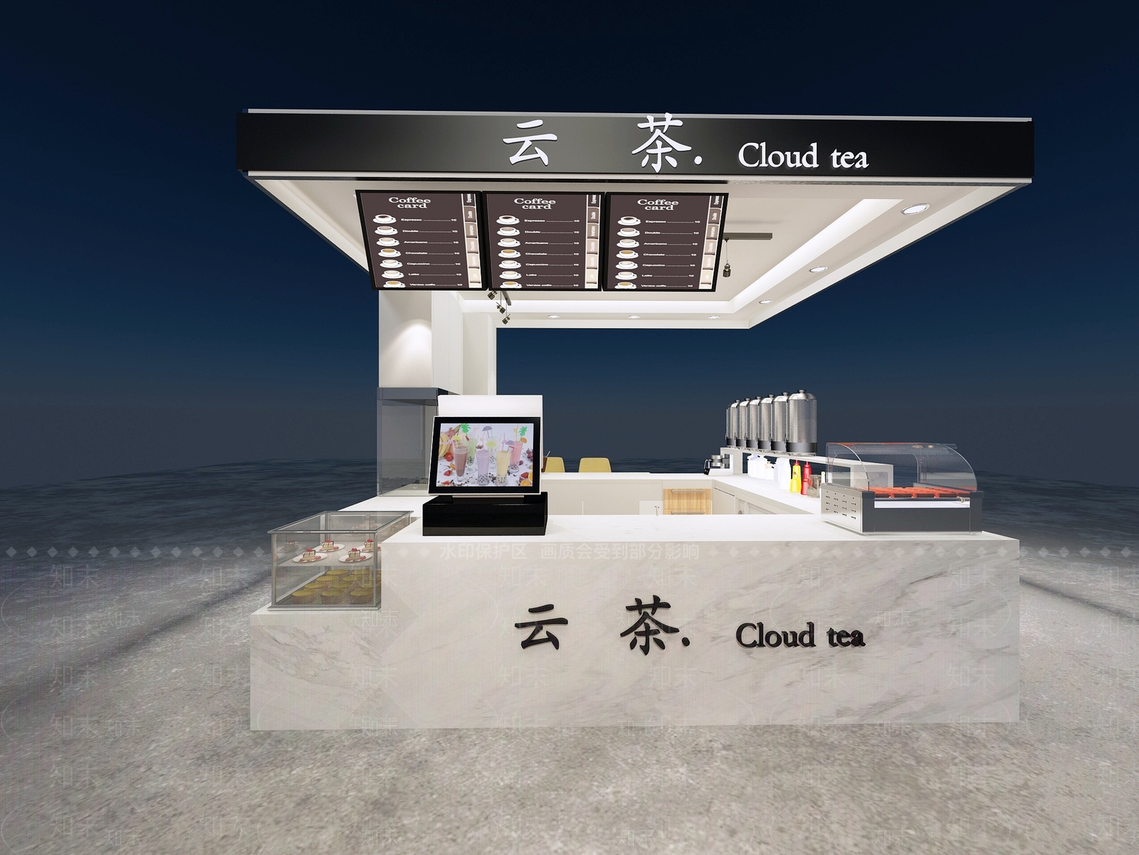 现代奶茶店商场小吃店烤肠机玻璃柜油烟机奶茶设备收银机吧椅3D模型下载【ID:332455832】