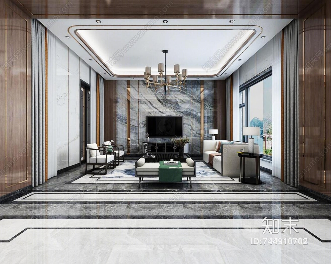 新中式客厅空间3D模型下载【ID:744910702】